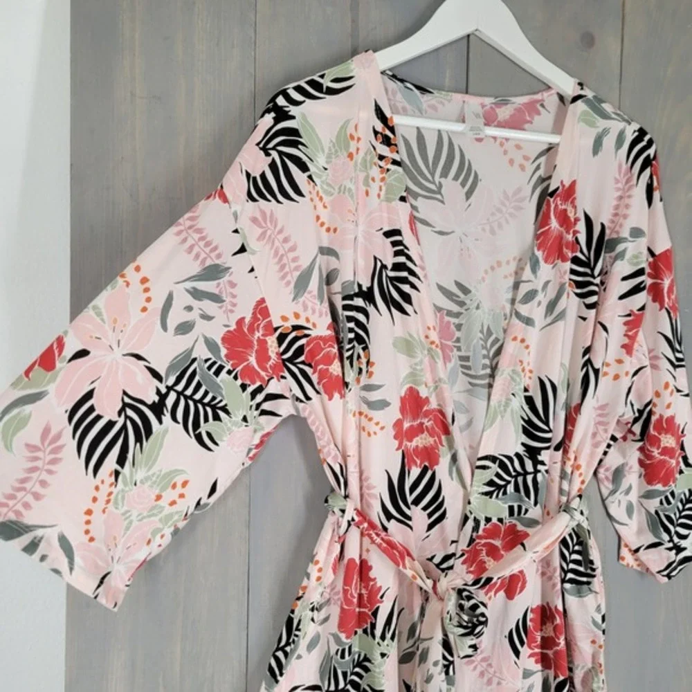 Flora Nikrooz Floral Robe Women Large Pink Tropical Palm Leaf‎ Kimono